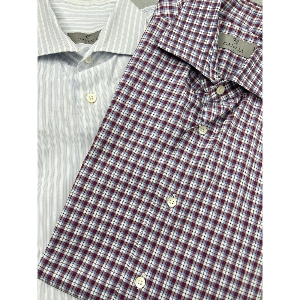 Canali Button Up Shirt Lot Of 2 Mens 41-16 Check Striped Long Sleeve Designer - Picture 2 of 16